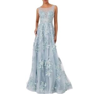 Maxi Gown Backless Light Blue Sz S Illusion Neckline Light Blue Lace Maxi Dress